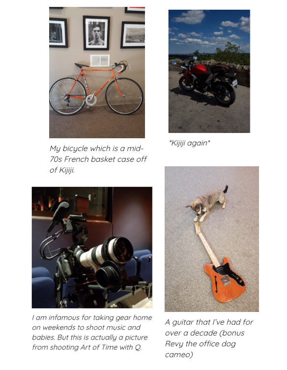 A collage of pitcures with Mike's orange bike, Mike's red motorcycle on a sunny day, a Canon camera in an auditorium and Mike's orange guitar with Rev, the office dog pawing at it