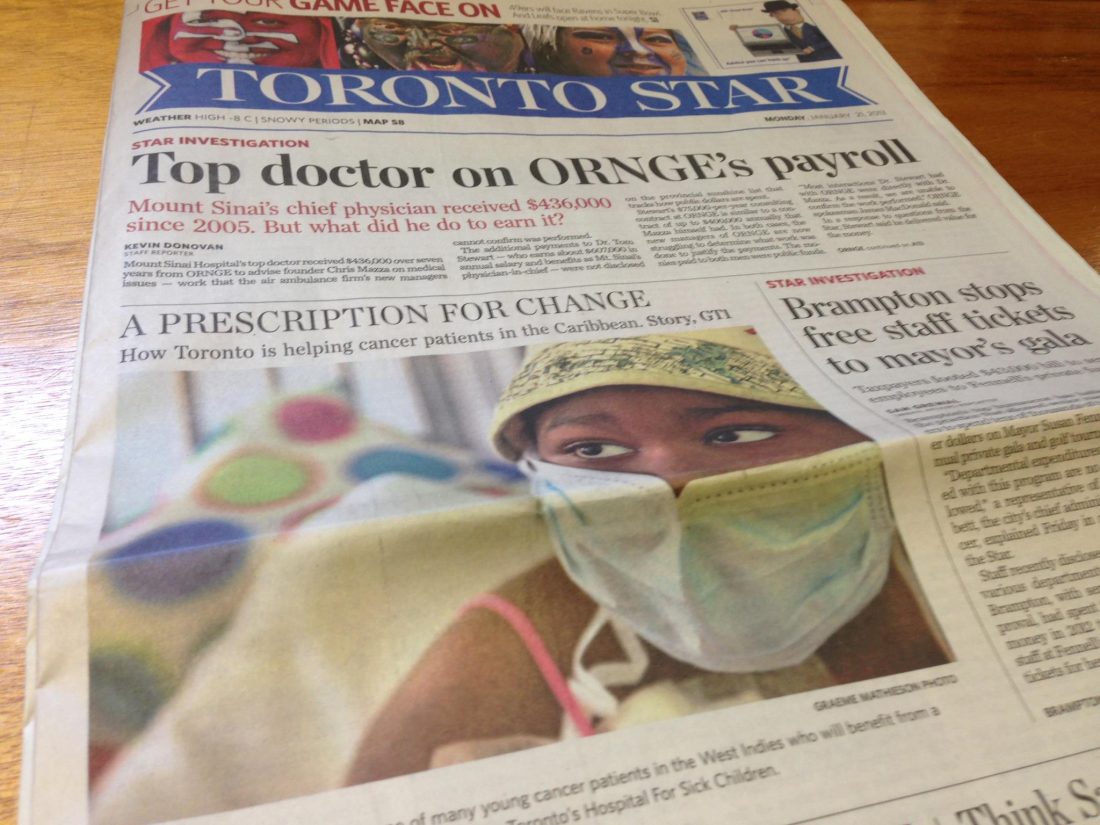 Front Page of the Toronto Star Newspaper with cancer patient photograph