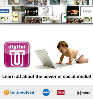 Image of baby on a computer. Text on screen "Learn all about the power of social media!"